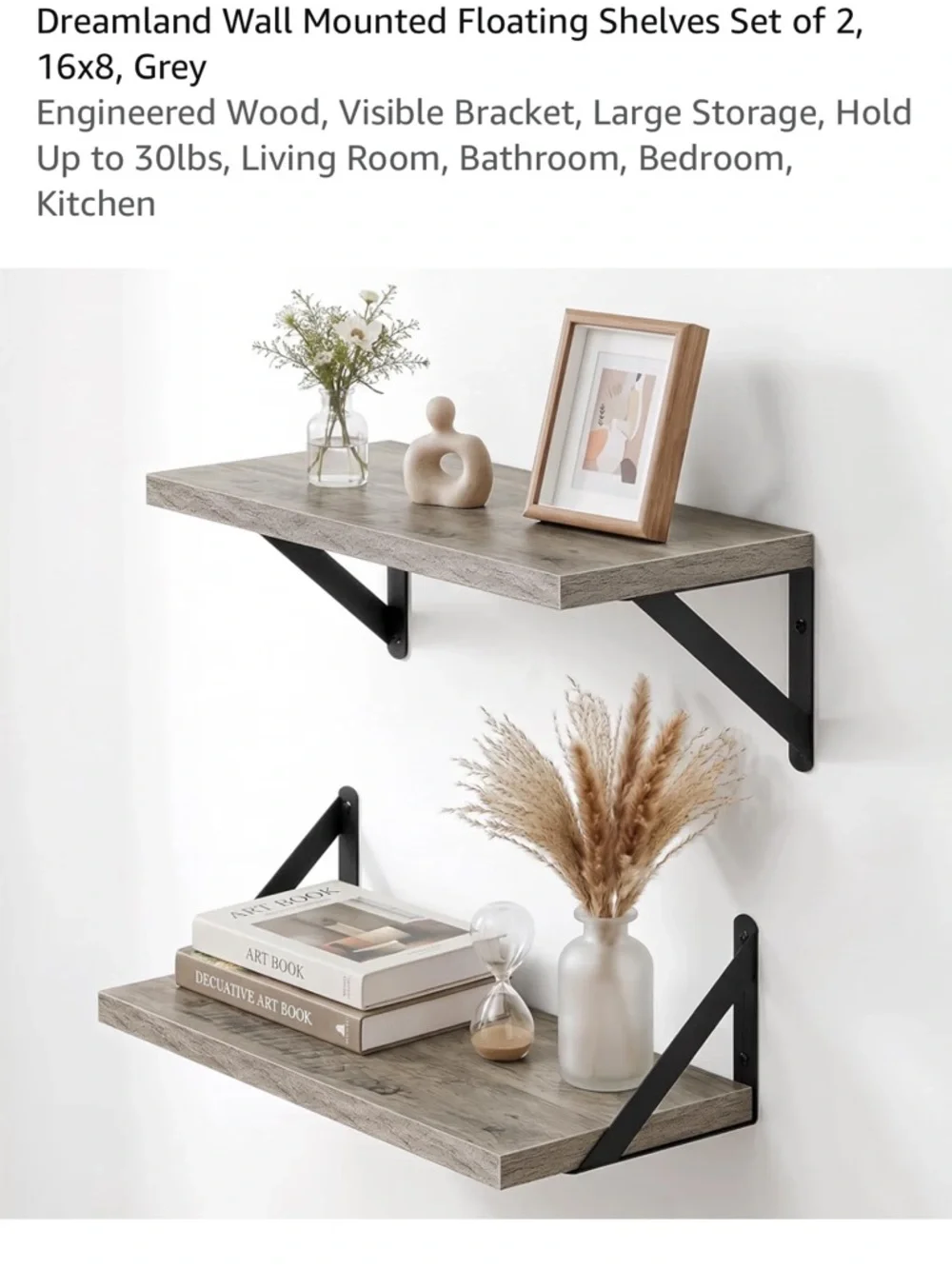New in Box: Grey Floating Wall Shelves with Black Brackets - Set of 2